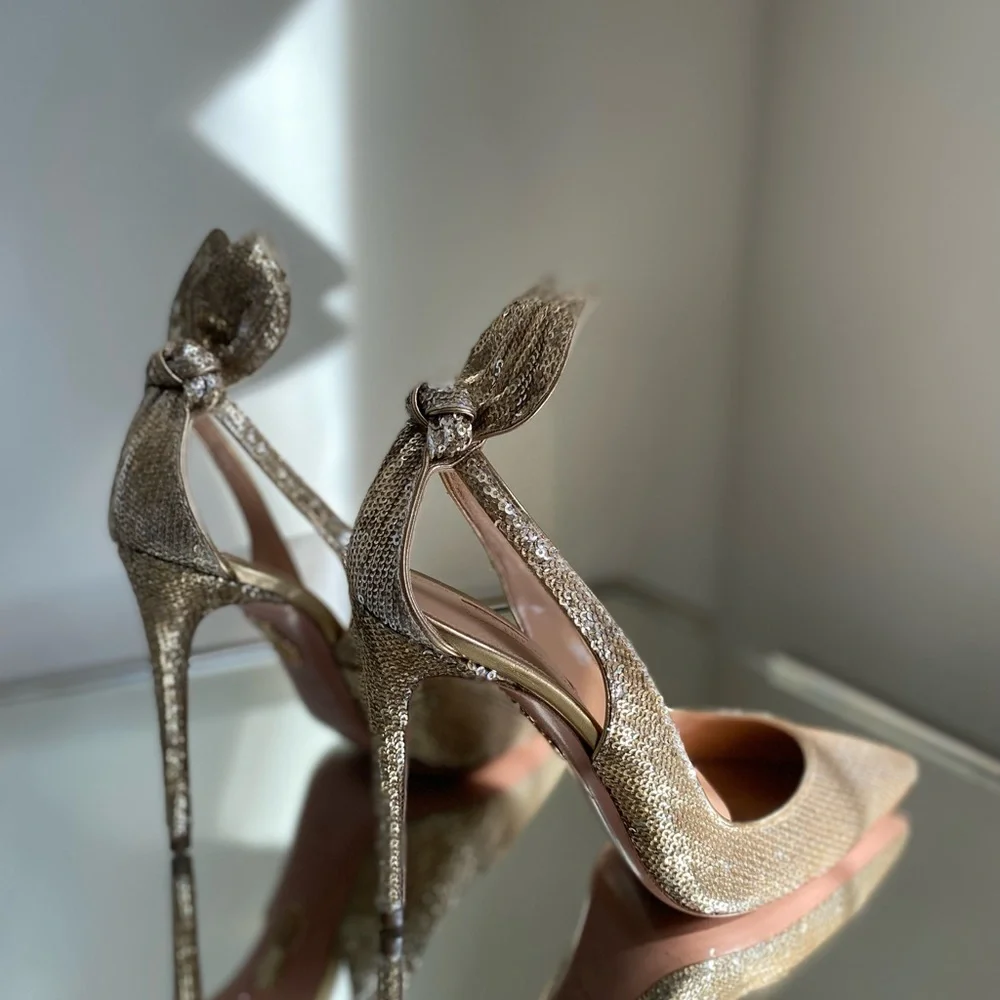 EUC Aquazzura Deneuve Bow Tie Sequin 105 pump 38.5 - Picture 7 of 10